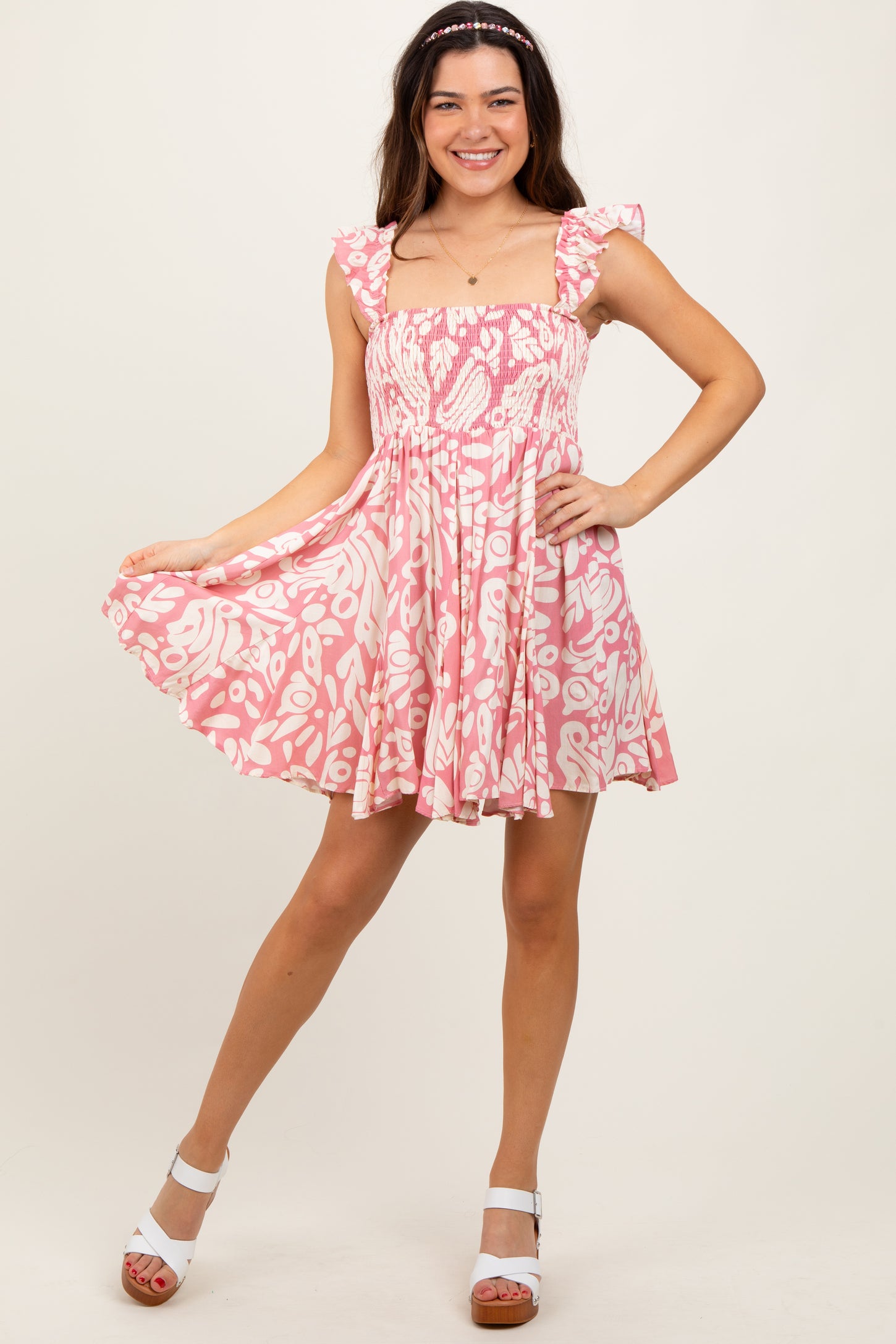 Pink Printed Smocked Ruffle Strap Dress