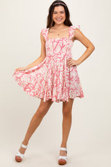 Pink Printed Smocked Ruffle Strap Dress