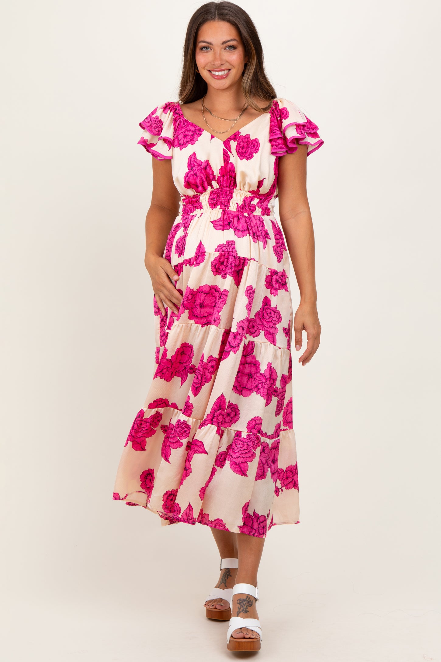 Cream Floral Smocked Waist Tiered Maternity Midi Dress