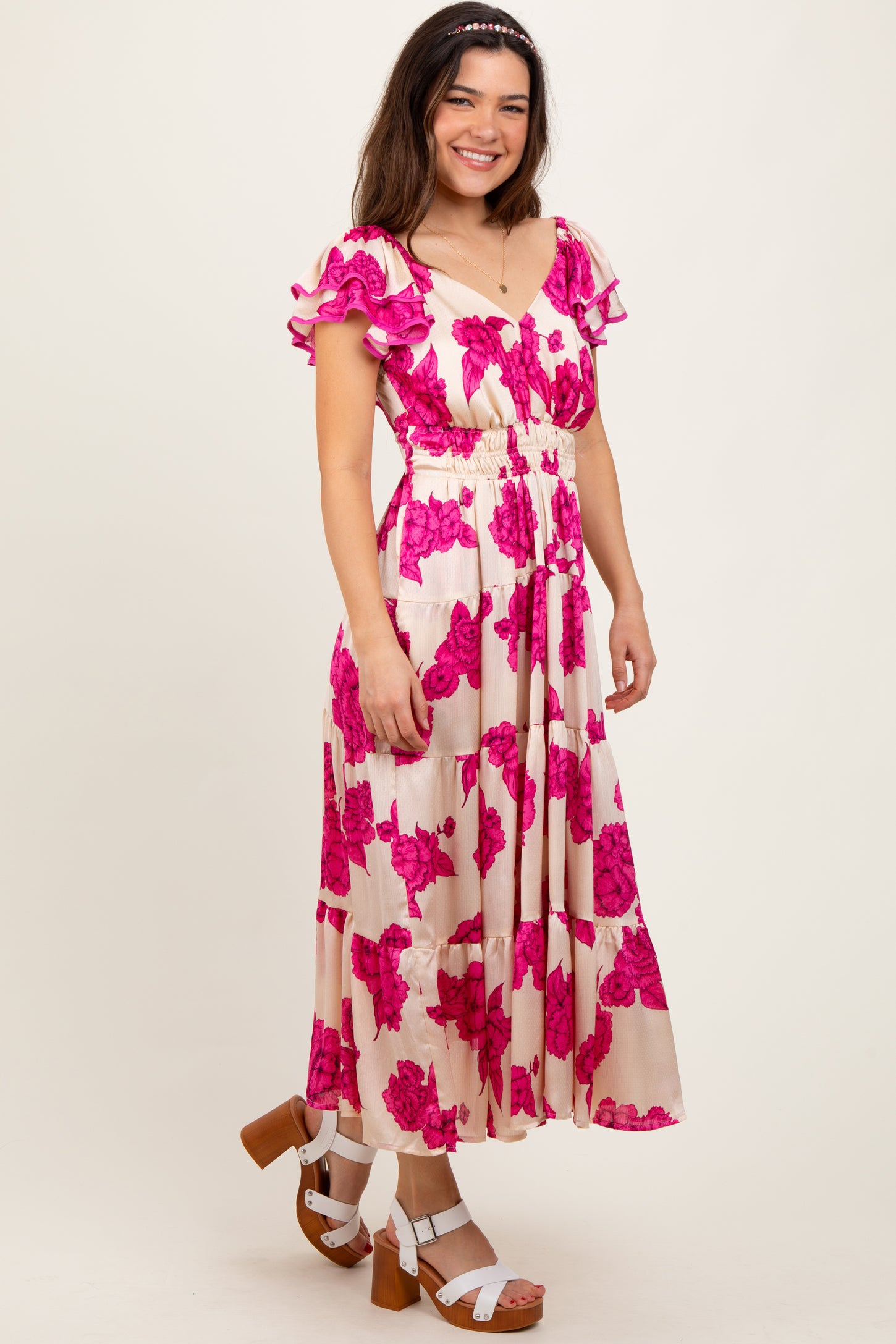 Cream Floral Smocked Waist Tiered Midi Dress