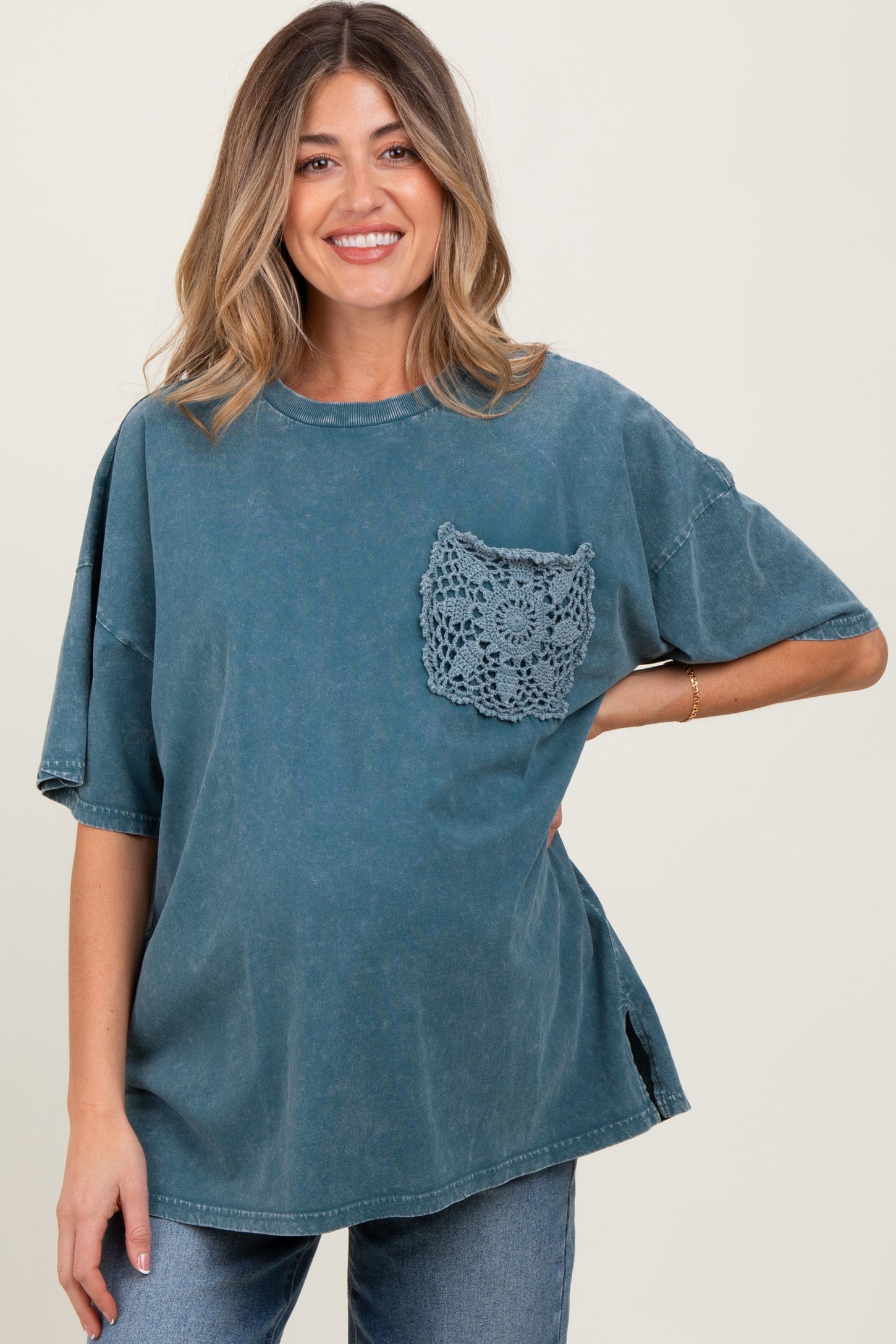 Deep Teal Mineral Wash Crochet Pocket Maternity Top