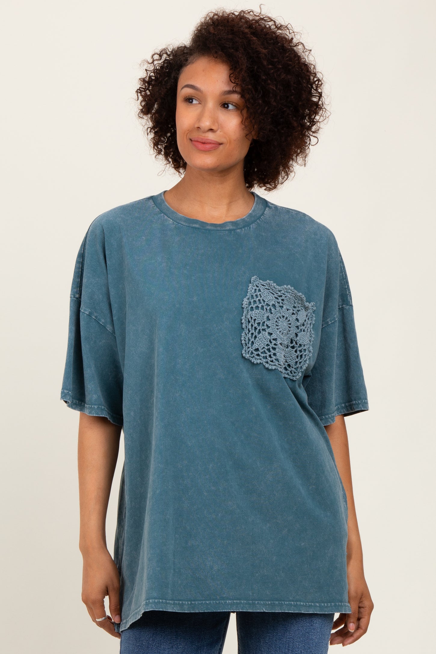 Deep Teal Mineral Wash Crochet Pocket Top