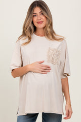 Light Beige Mineral Wash Crochet Pocket Maternity Top