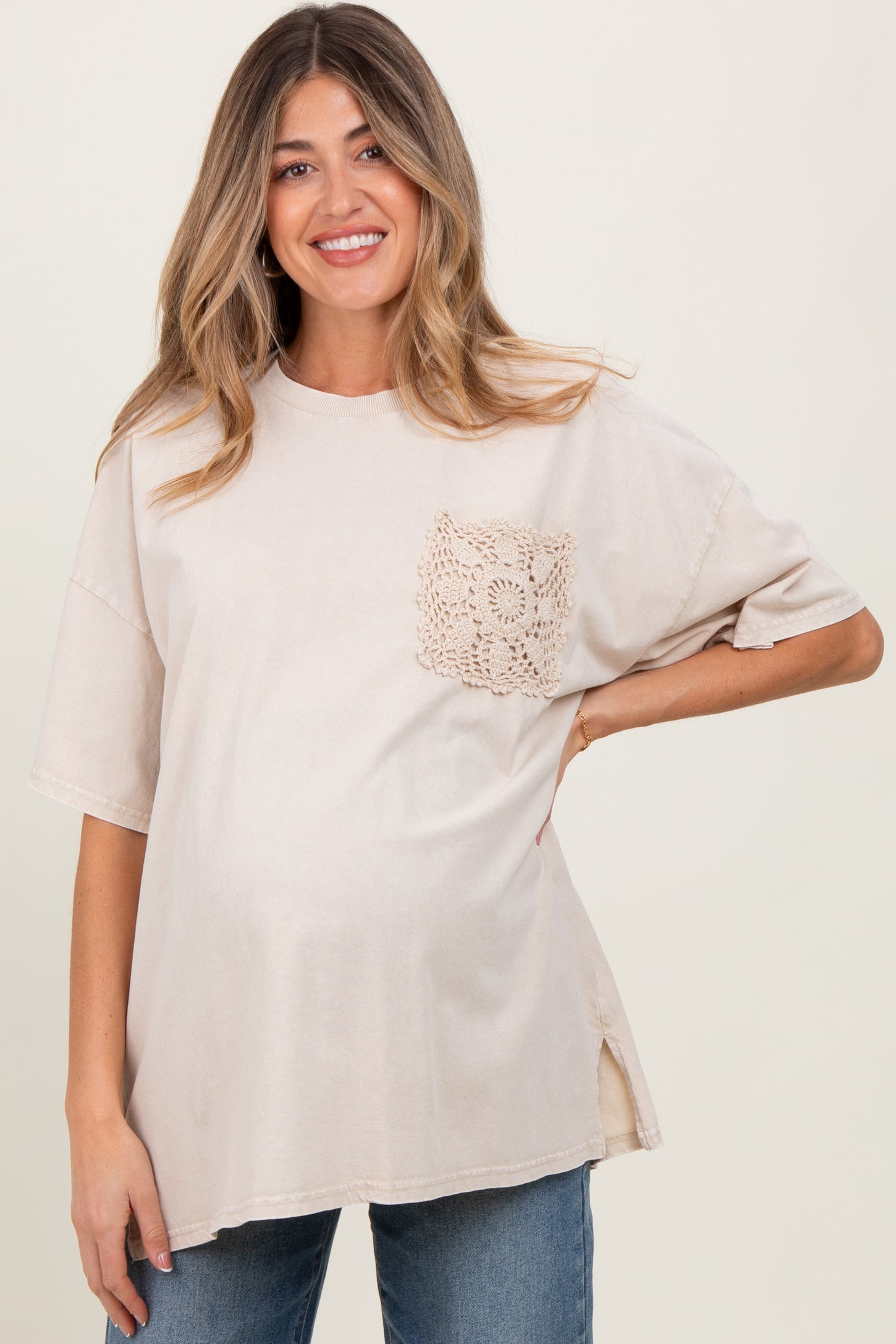 Light Beige Mineral Wash Crochet Pocket Maternity Top