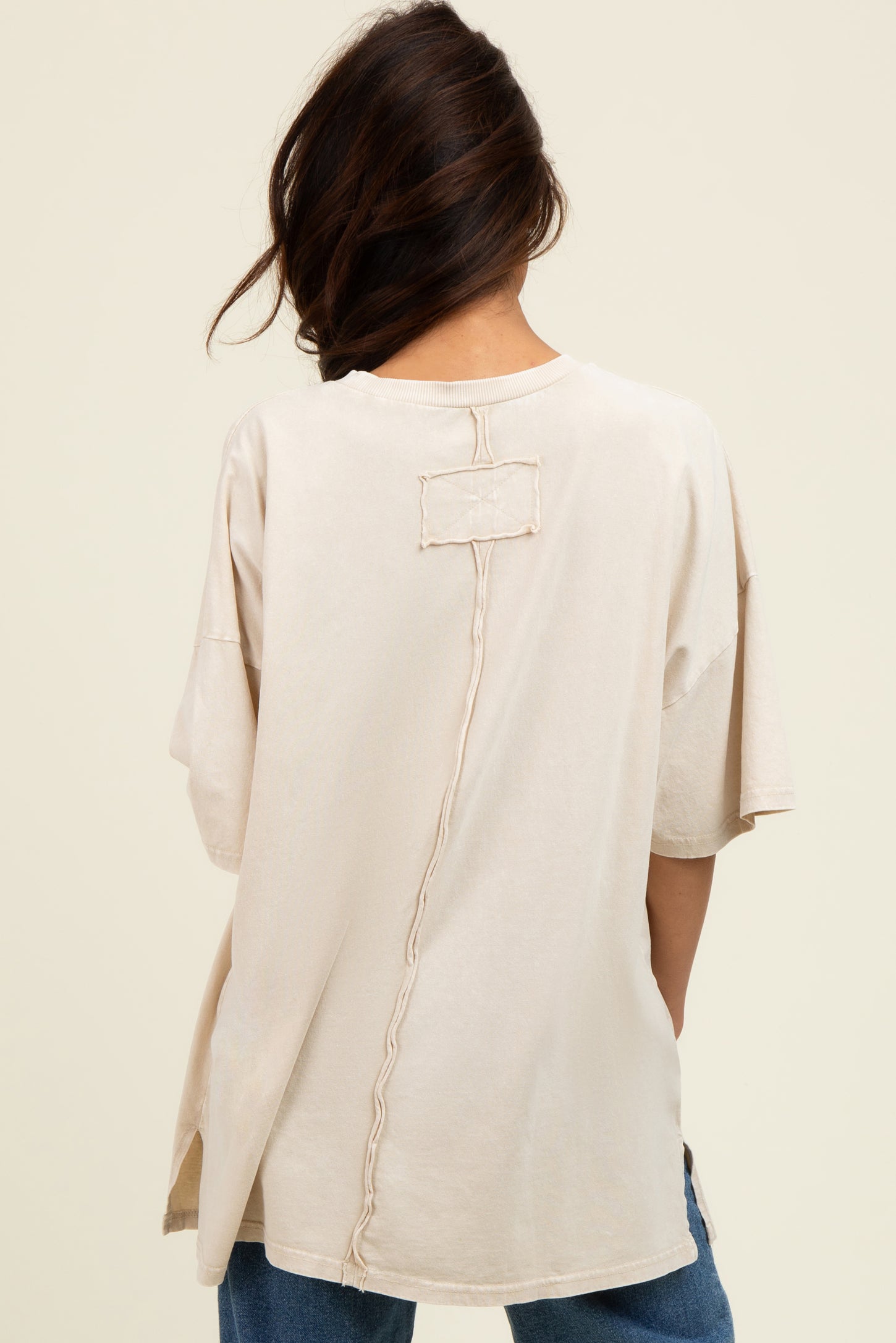 Light Beige Mineral Wash Crochet Pocket Top