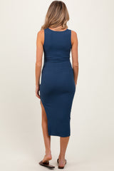 Navy Ribbed Square Neck Side Slit Maternity Midi Dress