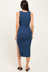 Navy Ribbed Square Neck Side Slit Midi Dress