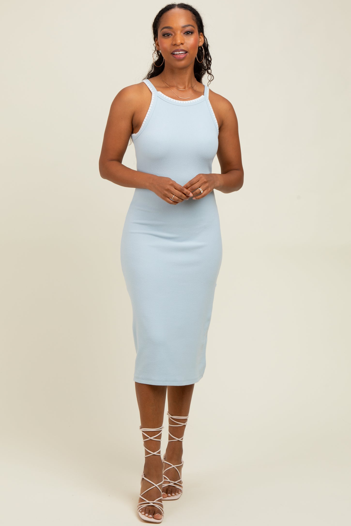 Light Blue Ribbed Knit Embroidered Midi Dress
