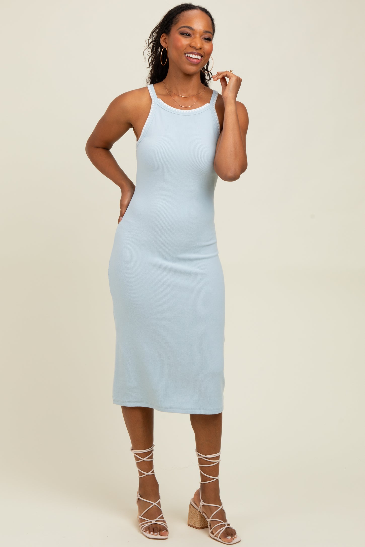 light blue ribbed midi dress Trendy Knit Button Front Midi Dress | Women's Clothing