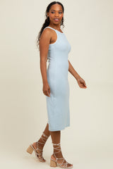 Light Blue Ribbed Knit Embroidered Midi Dress