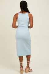 Light Blue Ribbed Knit Embroidered Midi Dress