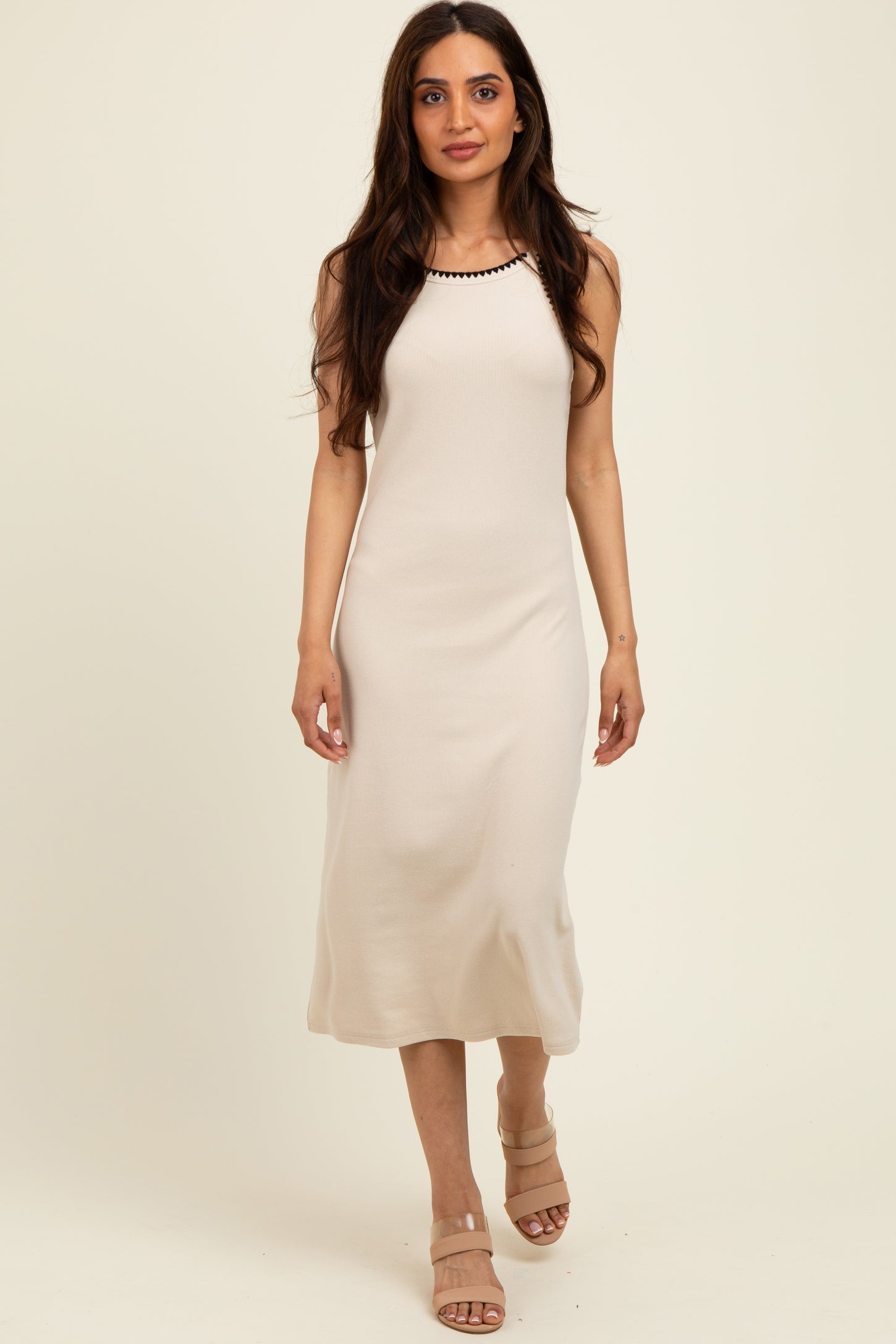 Beige Ribbed Knit Embroidered Maternity Midi Dress