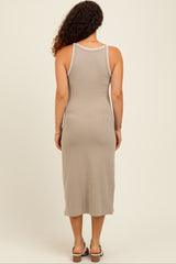 Taupe Ribbed Knit Embroidered Maternity Midi Dress
