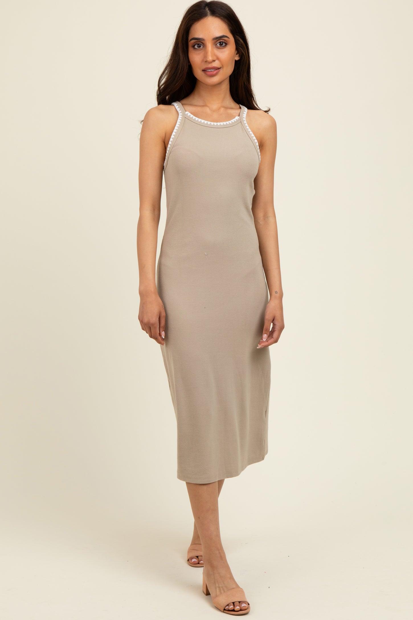 Taupe Ribbed Knit Embroidered Midi Dress