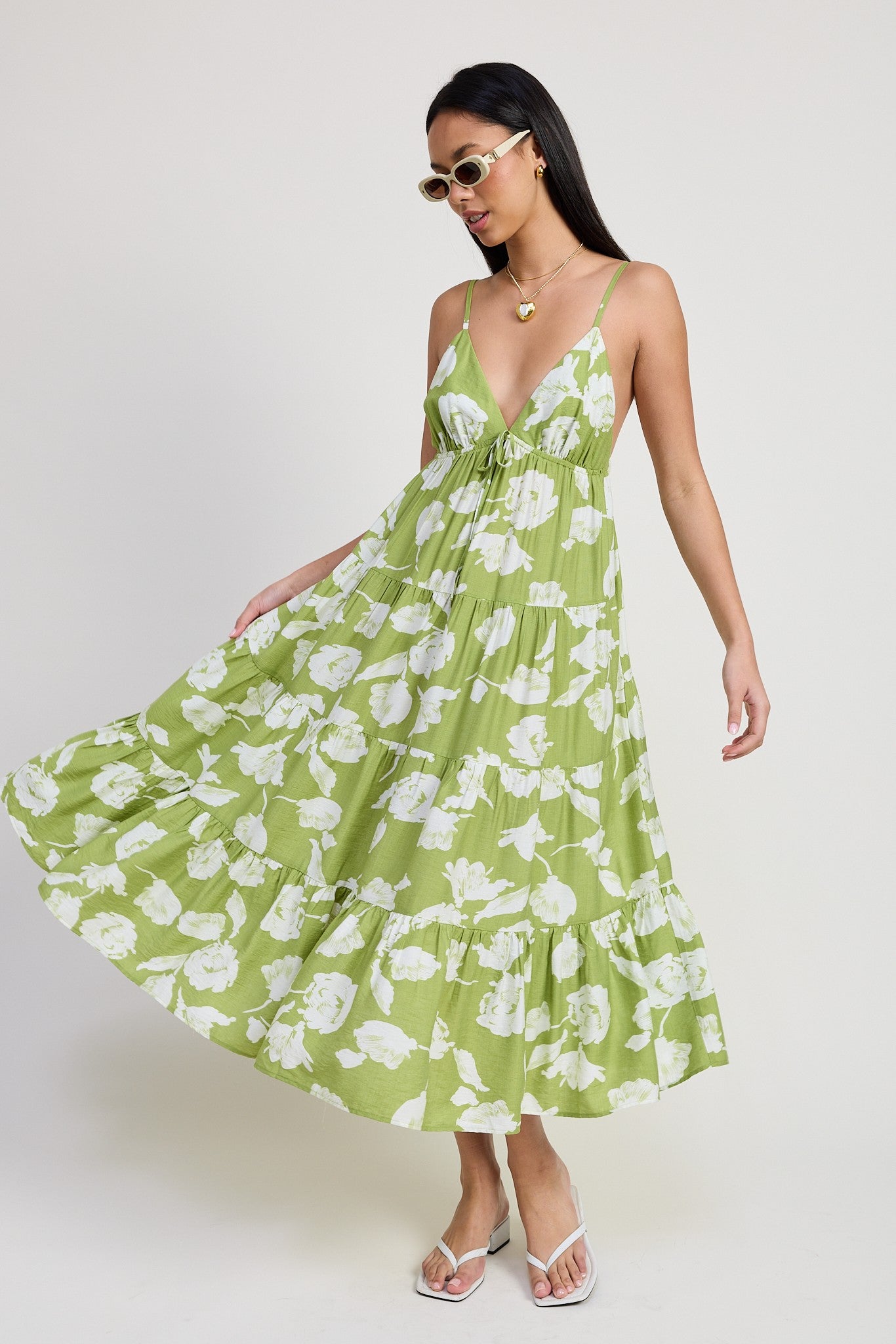 Lime Floral Front Tie Tiered Midi Dress