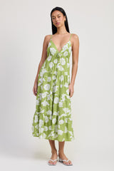 Lime Floral Front Tie Tiered Midi Dress