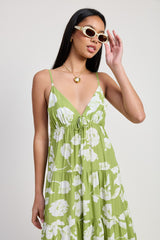 Lime Floral Front Tie Tiered Midi Dress