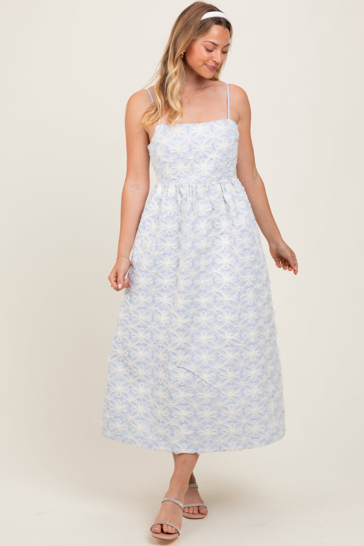 Blue Striped Floral Applique Midi Dress