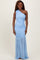 woman wearing a one-shoulder light blue evening gown featuring ruched details and a flowing skirt