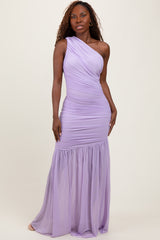 Lavender Ruched Mesh One Shoulder Maxi Dress