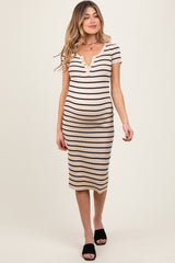 Cream Striped Ribbed Henley Fitted Maternity Midi Dress