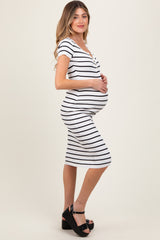 White Striped Ribbed Henley Fitted Maternity Midi Dress