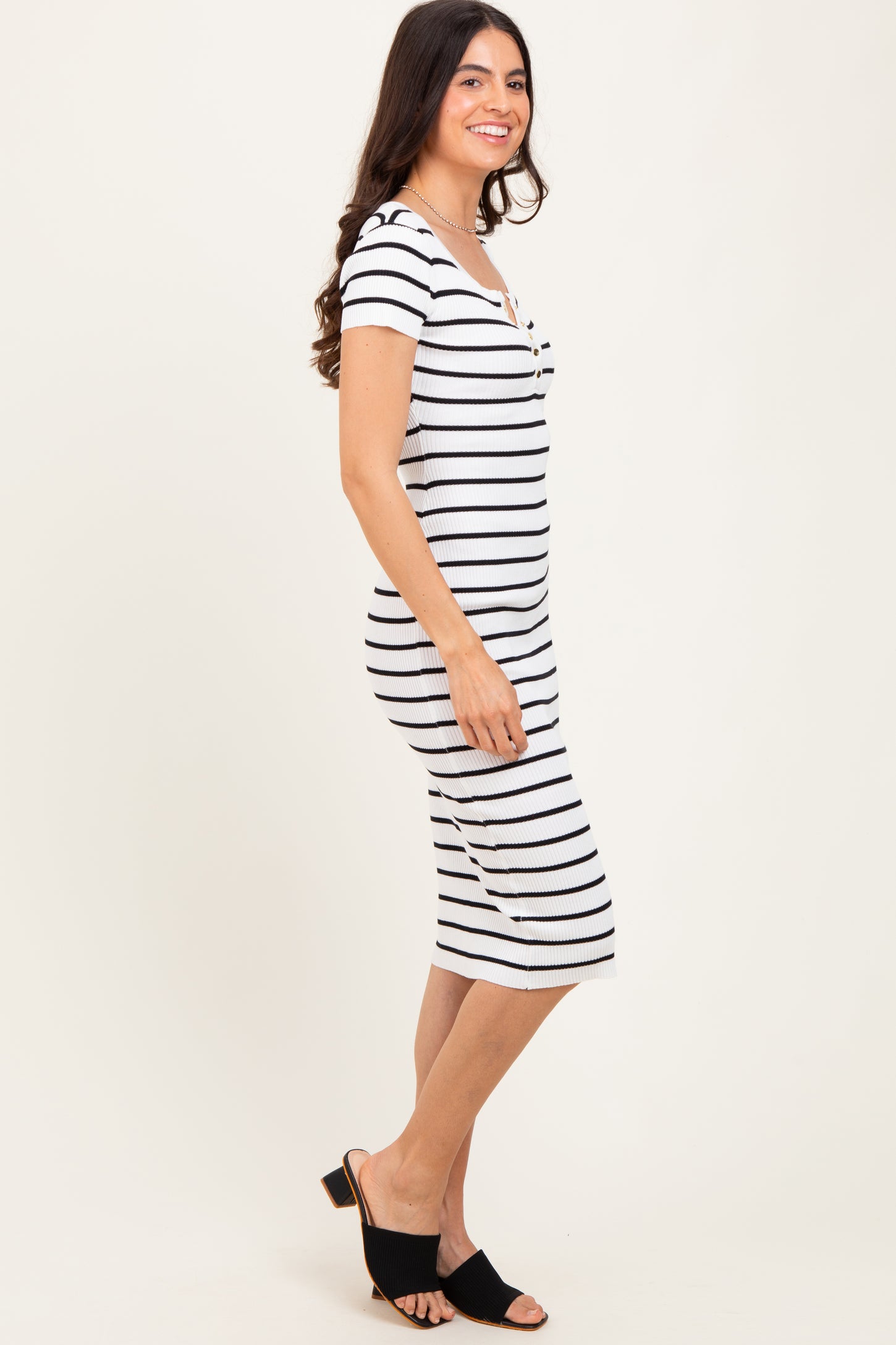 White Striped Ribbed Henley Fitted Midi Dress