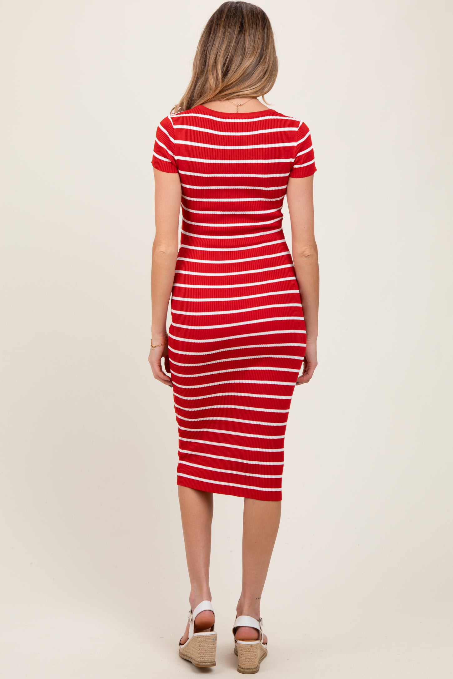Red Striped Ribbed Henley Fitted Maternity Midi Dress