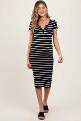 Black Striped Ribbed Henley Fitted Maternity Midi Dress