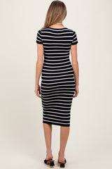 Black Striped Ribbed Henley Fitted Maternity Midi Dress