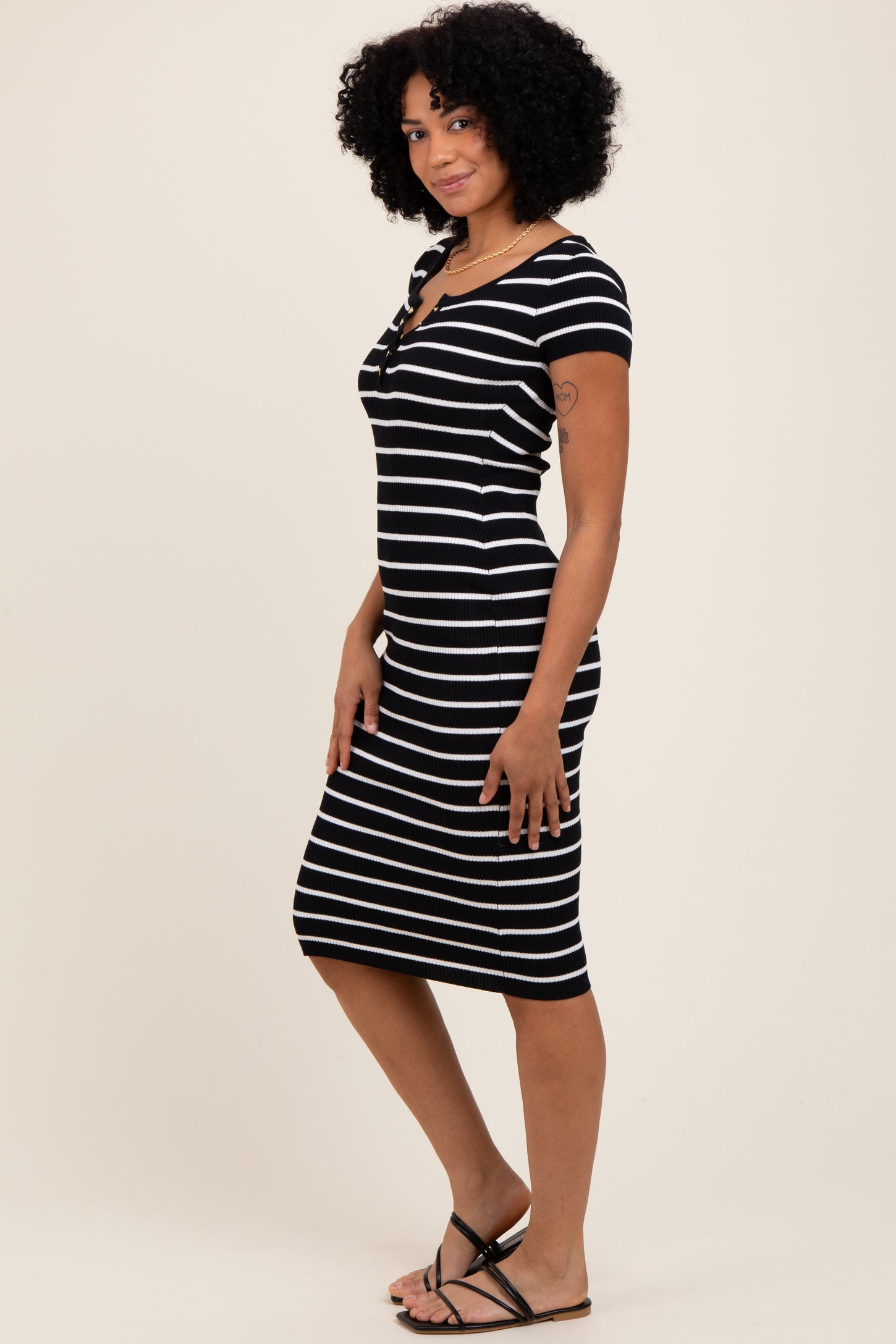 Black Striped Ribbed Henley Fitted Midi Dress