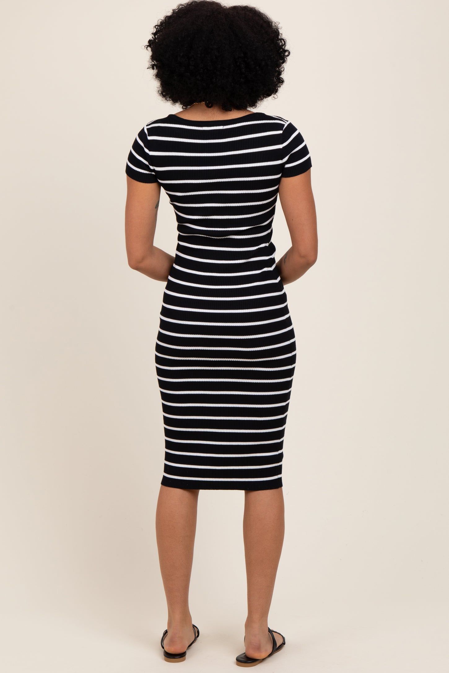 Black Striped Ribbed Henley Fitted Midi Dress