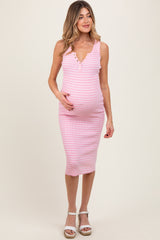 Light Pink Striped Sleeveless Fitted Maternity Midi Dress