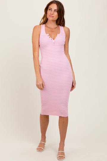 Light Pink Striped Sleeveless Fitted Midi Dress