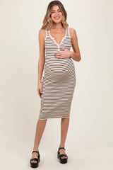 Cream Striped Sleeveless Fitted Maternity Midi Dress
