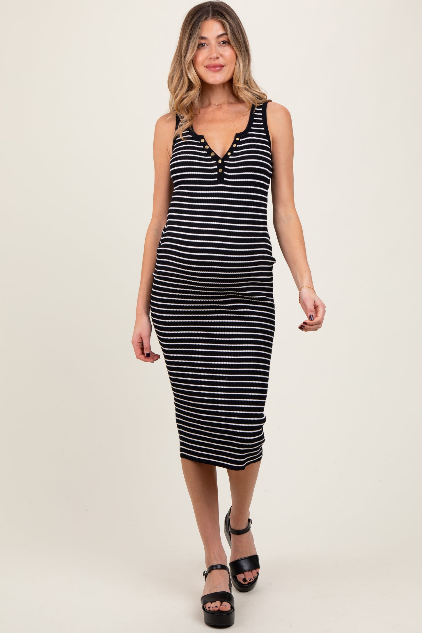 Black Striped Sleeveless Fitted Maternity Midi Dress