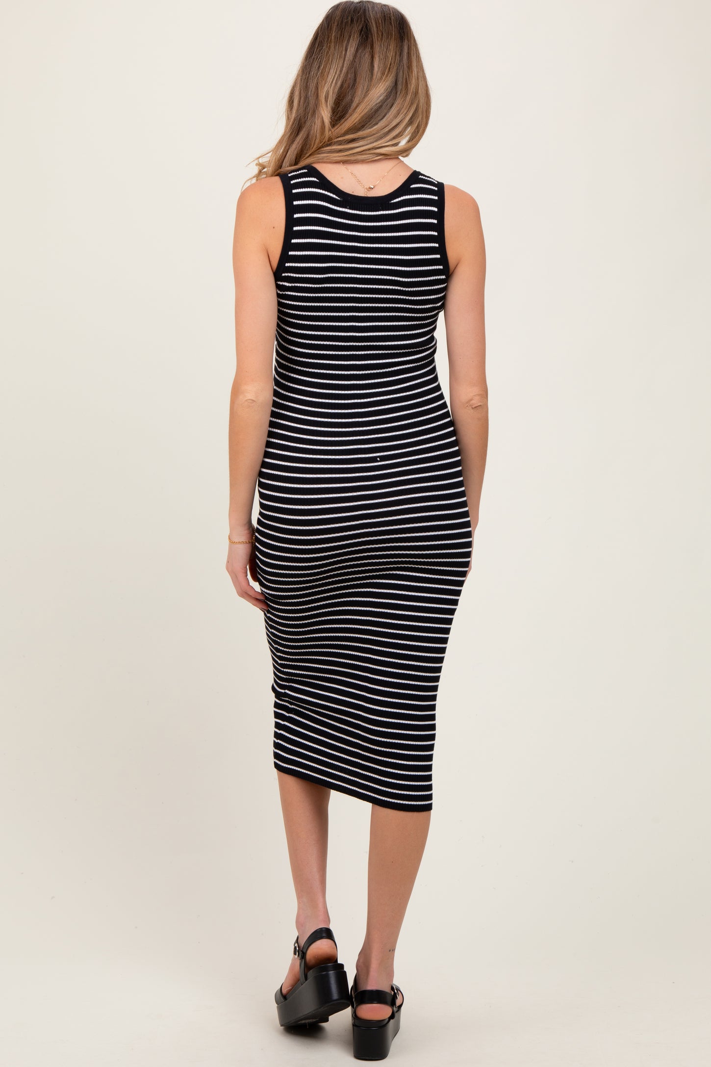 Black Striped Sleeveless Fitted Maternity Midi Dress