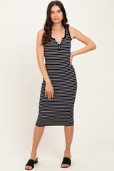 Black Striped Sleeveless Fitted Maternity Midi Dress