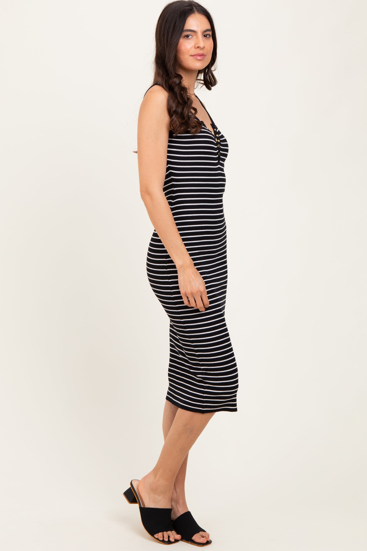 Black Striped Sleeveless Fitted Midi Dress