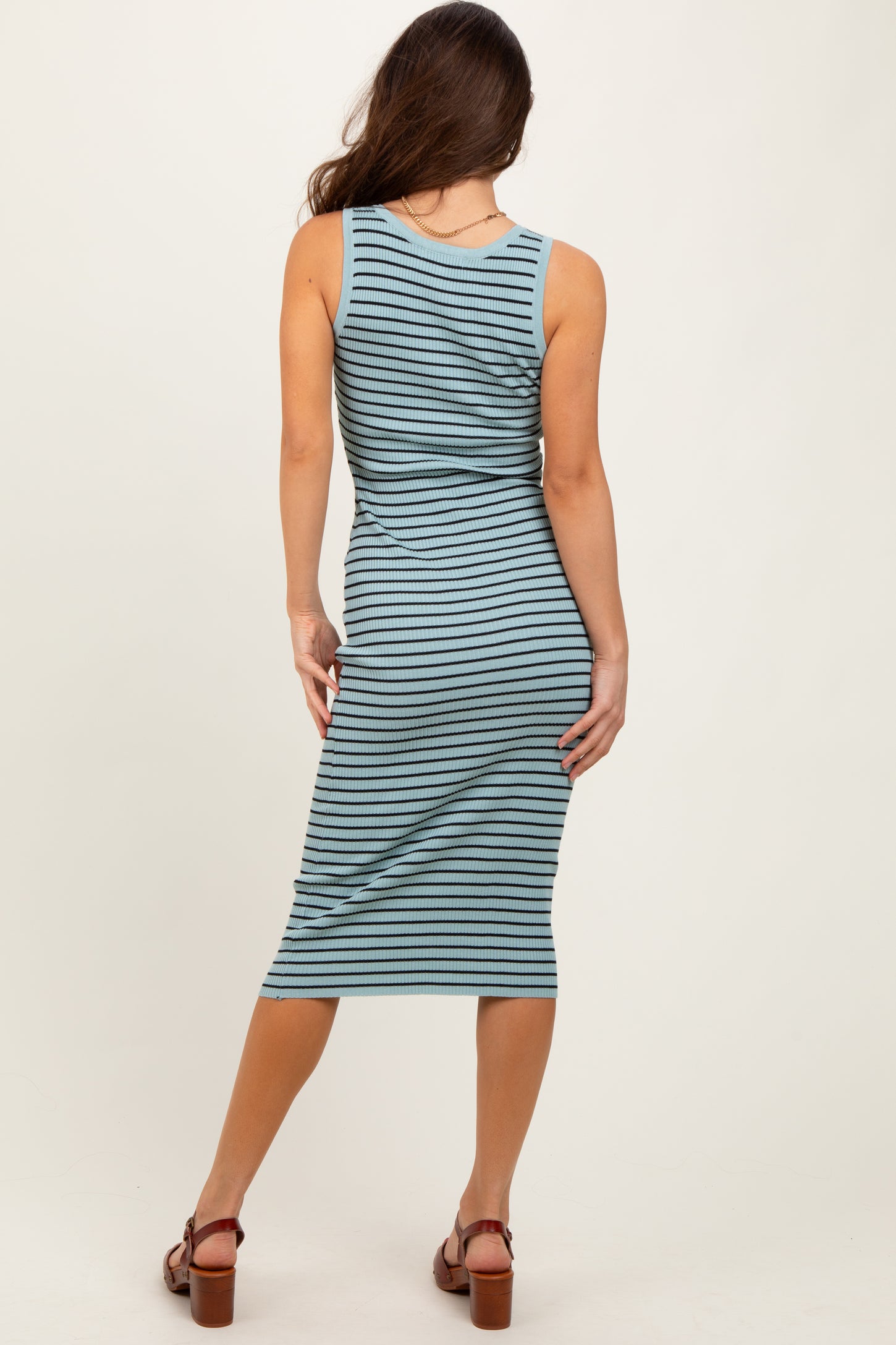 Mint Striped Sleeveless Fitted Midi Dress