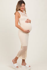 Cream Crochet Knit Sleeveless Maternity Maxi Dress