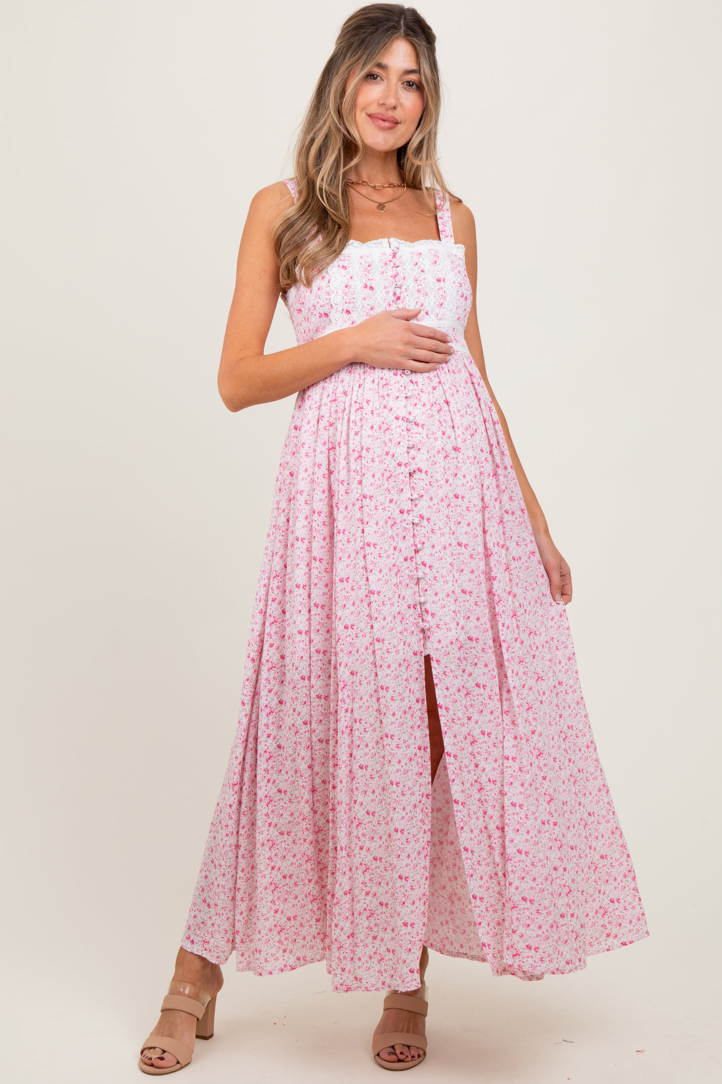 Pink Floral Button Down Sleeveless Maternity Maxi Dress