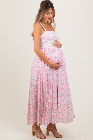 Pink Floral Button Down Sleeveless Maternity Maxi Dress
