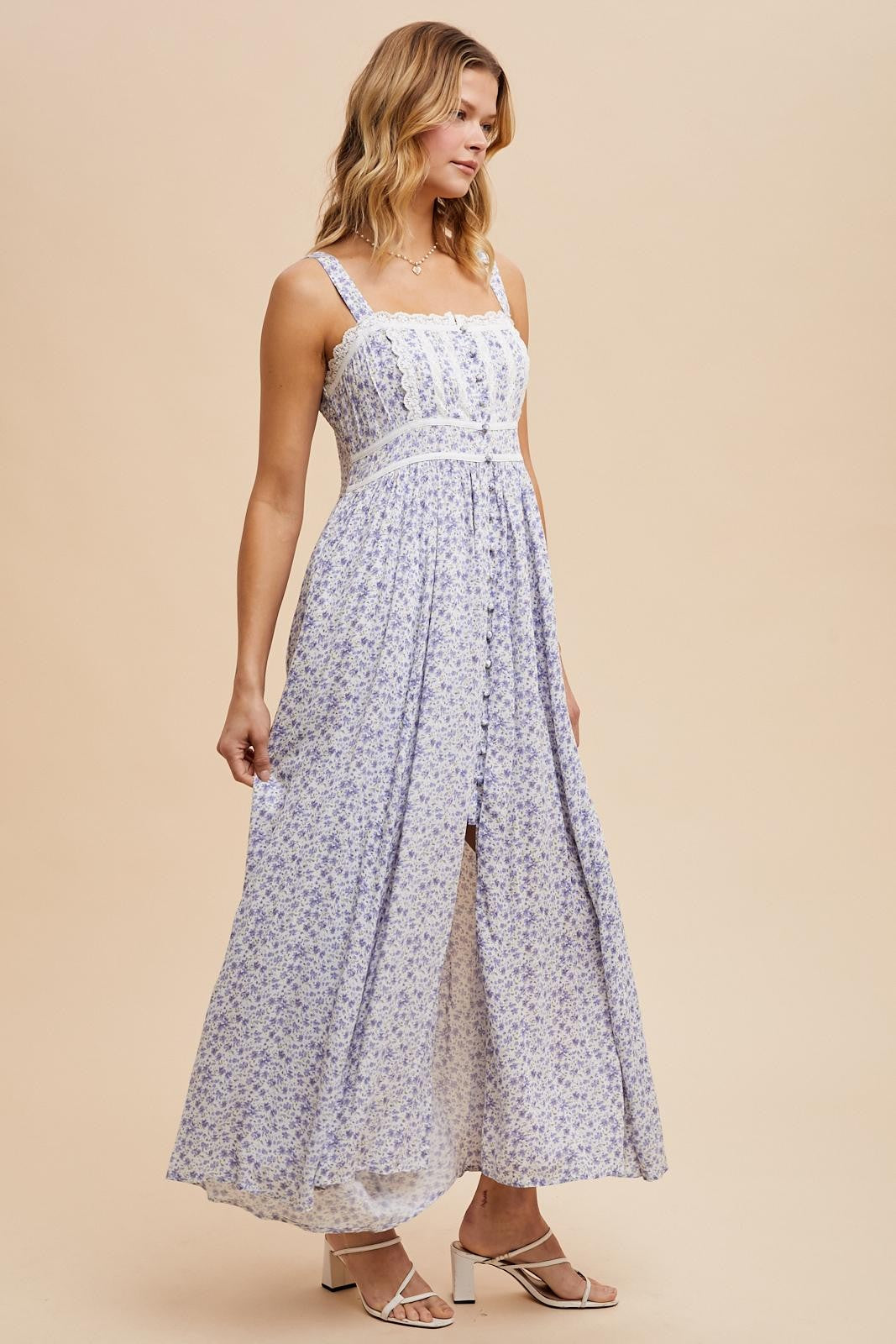 Light Blue Floral Button Down Sleeveless Maxi Dress