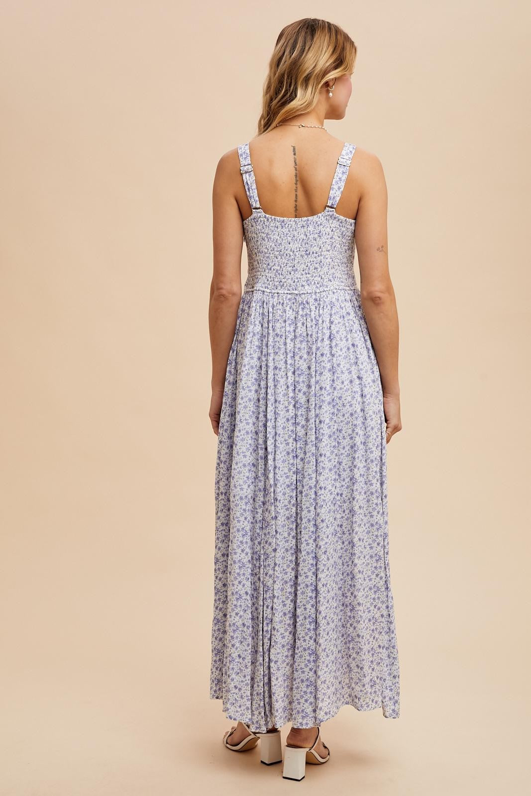 Light Blue Floral Button Down Sleeveless Maxi Dress