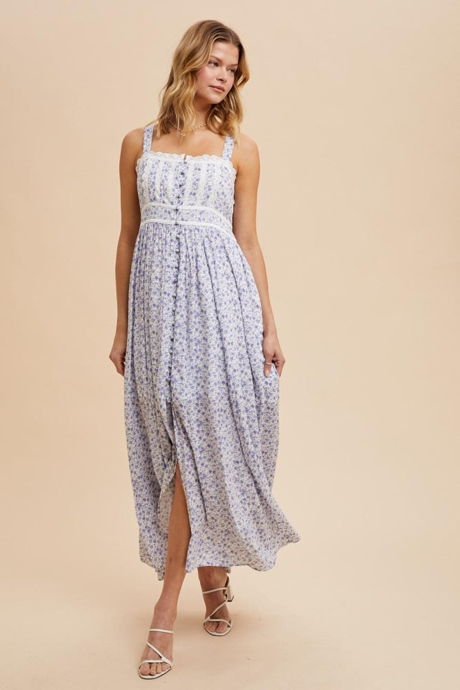 Light Blue Floral Button Down Sleeveless Maxi Dress