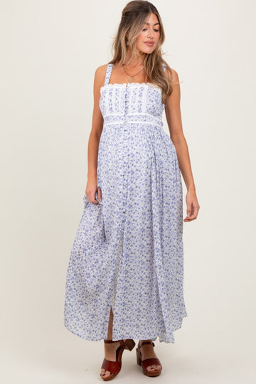 Light Blue Floral Button Down Sleeveless Maternity Maxi Dress