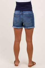 Navy Distressed Fringe Hem Maternity Denim Shorts