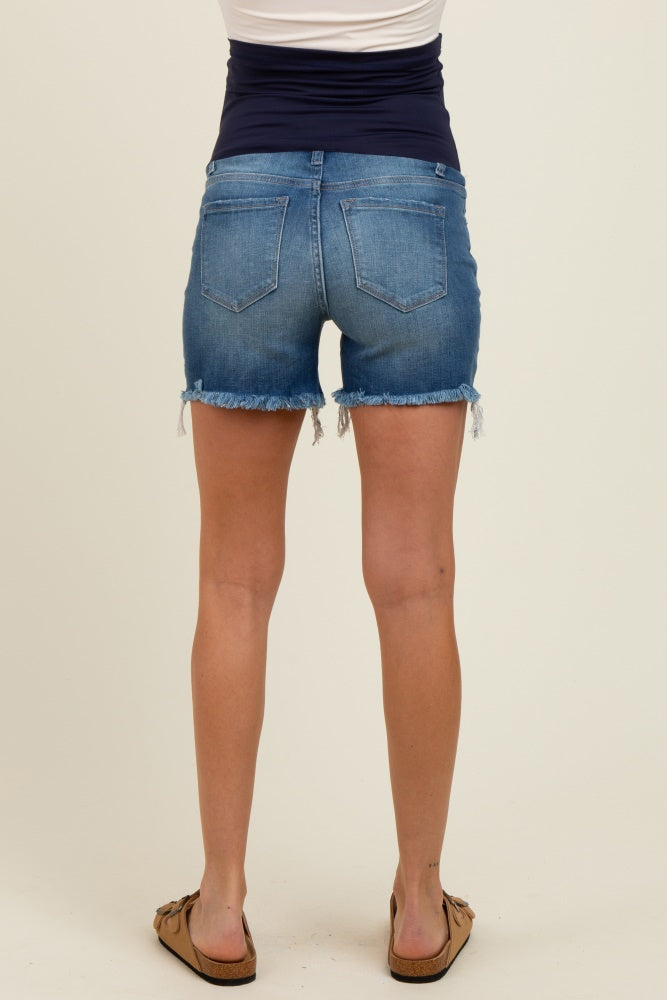 Blue Raw Frayed Hem Maternity Denim Shorts