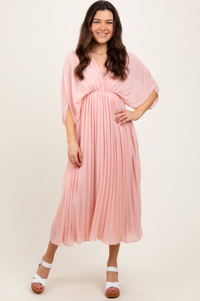 Light Pink Pleated V Neck Maternity Maxi Dress